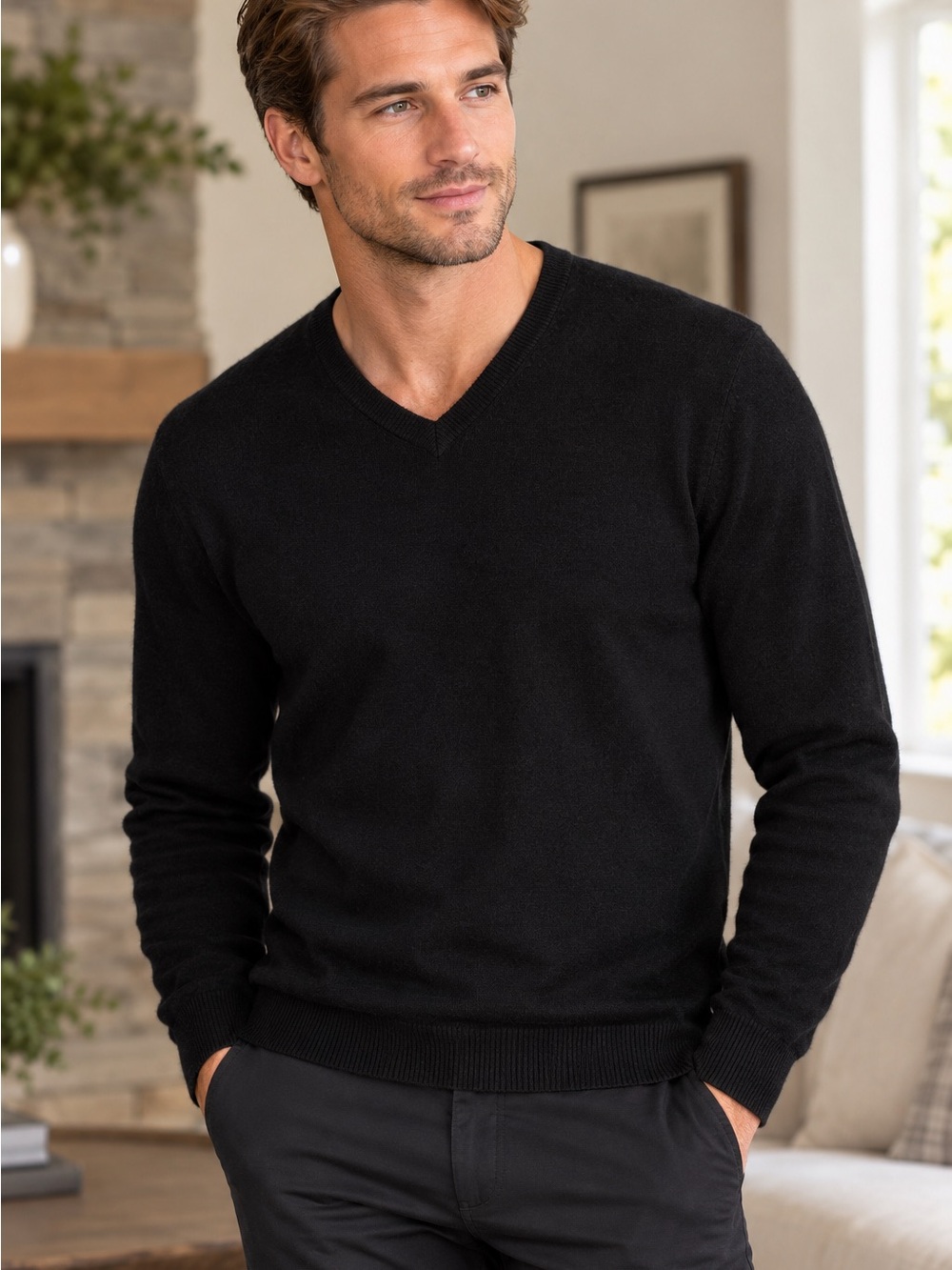 Weatherproof 2 Ply 100% Cashmere Men's Black V-Neck Pullover Sweater